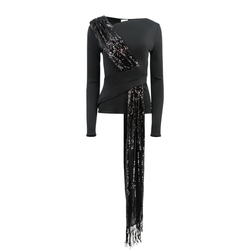 Galvan London Asymmetrical Black Sequin Sash Long Sleeved Jersey Top NWT
